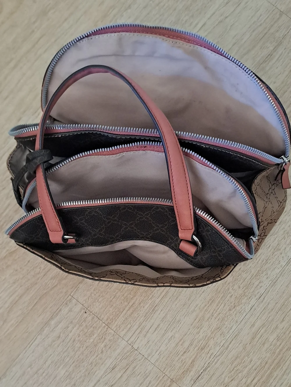 Nine West Brown Logo Satchel with Pink Handles and Dark Trim